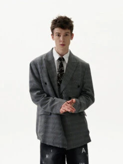 Oversized Distressed Hem Plaid Double-Breasted Blazer -Modern Wear Shop d7981c7a52968612b267fd87d3ee81d9