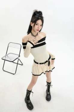 Contrast Trim Off-Shoulder Knit Midi Dress With Double Belt Detail 23 Contrast Trim Off-Shoulder Knit Midi Dress With Double Belt Detail -Modern Wear Shop d7ab35860ea962a67893eda9bd478b12