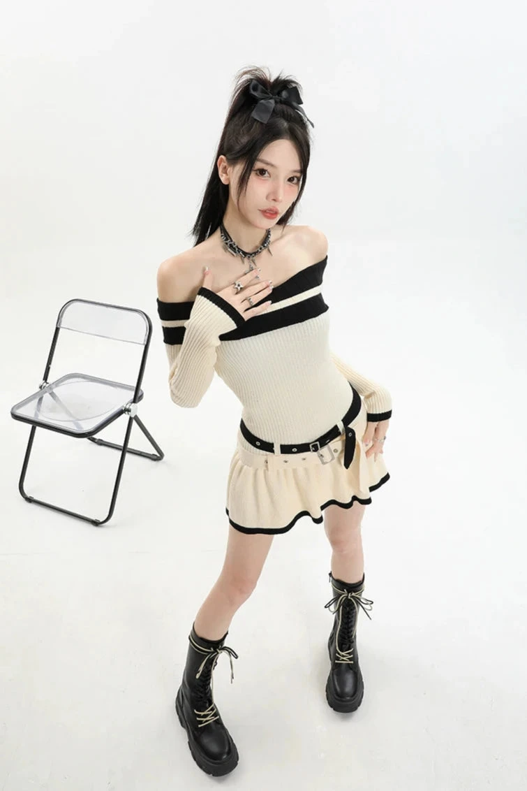 Contrast Trim Off-Shoulder Knit Midi Dress With Double Belt Detail 12 Contrast Trim Off-Shoulder Knit Midi Dress With Double Belt Detail - Image 12