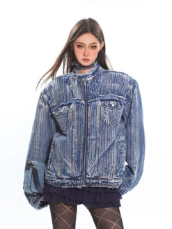 Distressed Trim Stripe-Washed Boxy Denim Jacket -Modern Wear Shop d7de11375848934d863c0216d1e16e87