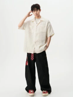 Sheer Open Knit Short Sleeve Button Up Shirt With Chest Pockets -Modern Wear Shop d7e071af4a64afe8c70bfd72c0d99be9