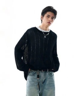 Ribbed Trim Sheer Textured Long Sleeve Knit Top -Modern Wear Shop d7fadc870e60bd7085bf25bd3105d524