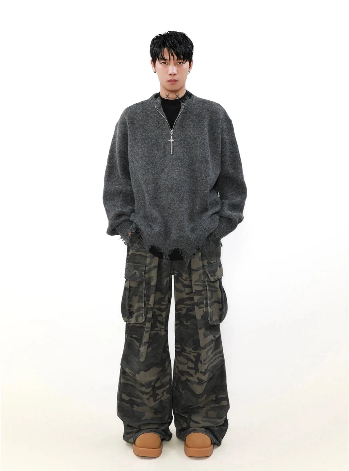 Distressed Ribbed Hem Half Cross Zip Fuzzy Sweater 6 Distressed Ribbed Hem Half Cross Zip Fuzzy Sweater - Image 6