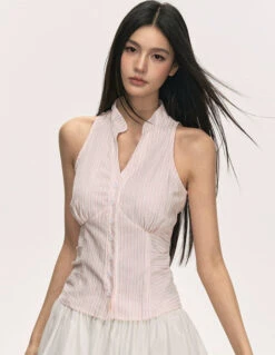 Pinstripe Sleeveless Collared Button-Up Top