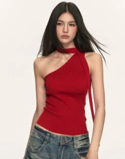 Ribbed One Shoulder Knit Top With Scarf Detail -Modern Wear Shop d846f6bdc5e73c916740ca49f1a12f3d