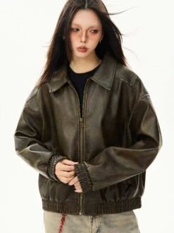 Faux Leather Bomber Jacket With Elastic Cuffs And Hem -Modern Wear Shop d85b9bd2459710bbfe879ce172eb2476