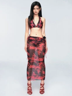 Rose-Print Bikini With Maxi Wrap Sarong Skirt Set