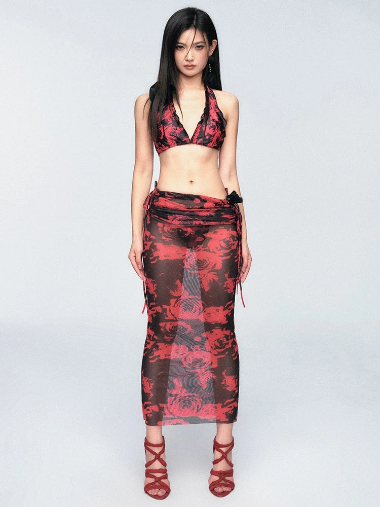 Rose-Print Bikini With Maxi Wrap Sarong Skirt Set 1 Rose-Print Bikini With Maxi Wrap Sarong Skirt Set