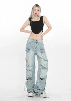 Patchwork Denim Cargo Pants With Strap Details -Modern Wear Shop d86fb1ef263b591210160a64f3de5bd1