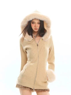 Faux Fur Trim Hooded Zip-Up Knit Jacket -Modern Wear Shop d896286f1e76c476f9a20fec18aeb0d7