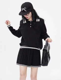 Contrast Trim Half Button Sweatshirt And Pleated Skirt Two-Piece Set -Modern Wear Shop d89c34894a287cd0c5dbb8752781de04