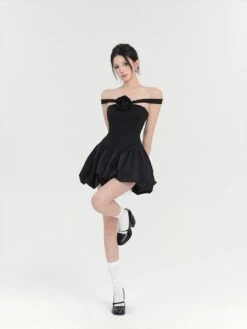 Off-Shoulder Balloon Mini Dress With Floral Accent -Modern Wear Shop d89e6dc7ff855c260fd7afc4316ca2d1