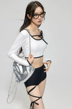 Contrast Hem Long Sleeve Crop Top And High-Waisted Bikini Set -Modern Wear Shop d89fe0f9f719f1dc3e65ac05b5faa69a