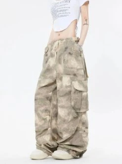 Faded Camo Baggy Cargo Pants With Drawstring