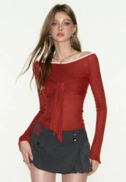 Slim Off Shoulder Ruched Top With Front Knot Tie