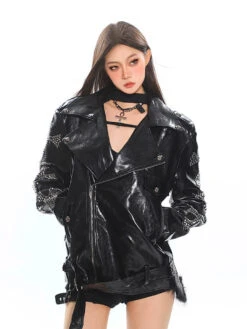 Studded Faux Leather Biker Jacket With Belted Hem And Zipper Details 13 Studded Faux Leather Biker Jacket With Belted Hem And Zipper Details -Modern Wear Shop d94ee1634bd95ad35ba7b850e3bdafc8