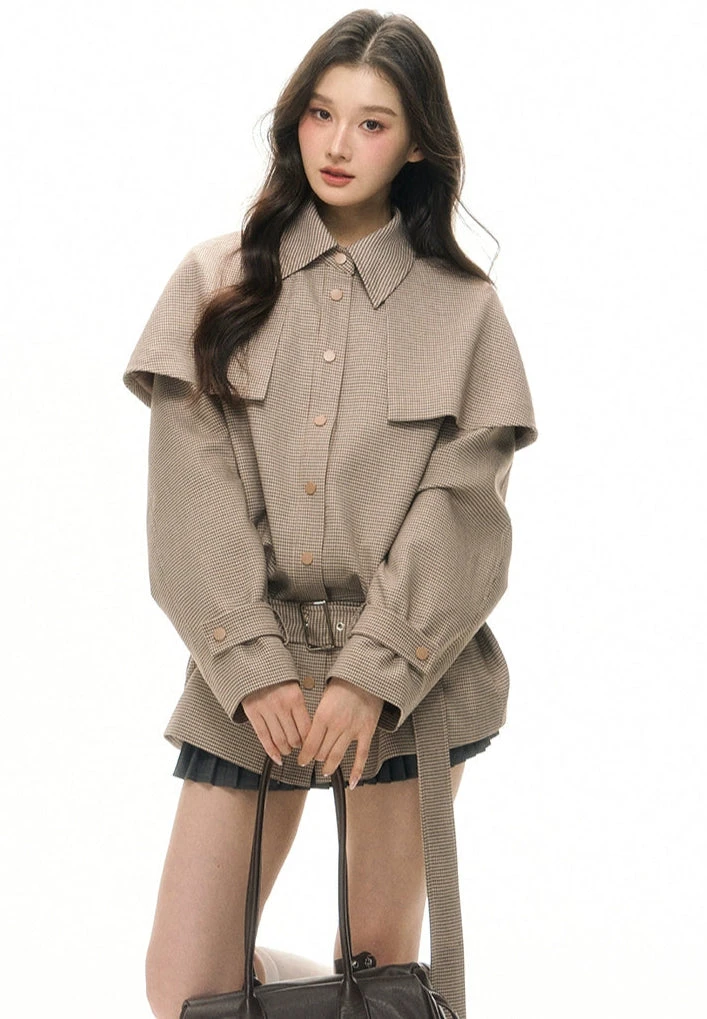 Belted Houndstooth Pattern Shoulder Cape Jacket 2 Belted Houndstooth Pattern Shoulder Cape Jacket - Image 2