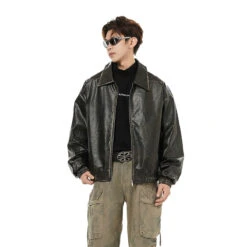 Vintage Faux Leather Zip Jacket With Elastic Hem -Modern Wear Shop d9bc707552d7f6618e638e4953fadd5c