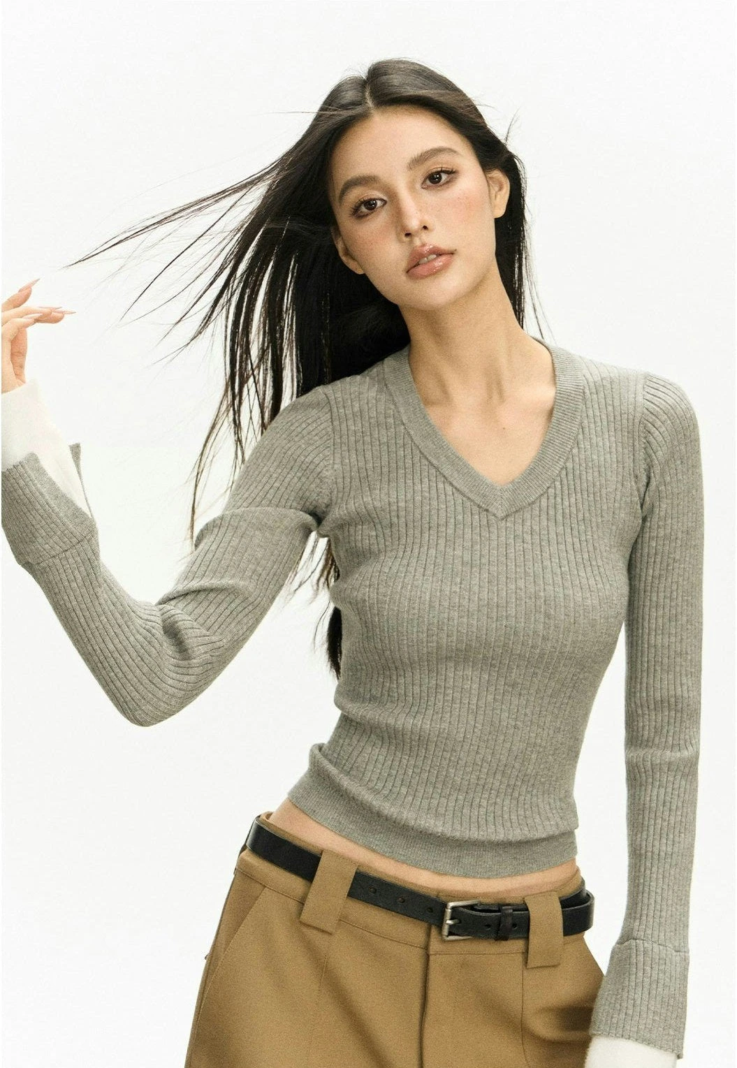 Ribbed V-Neck Two Tone Long Sleeve Knit Top 14 Ribbed V-Neck Two Tone Long Sleeve Knit Top - Image 14