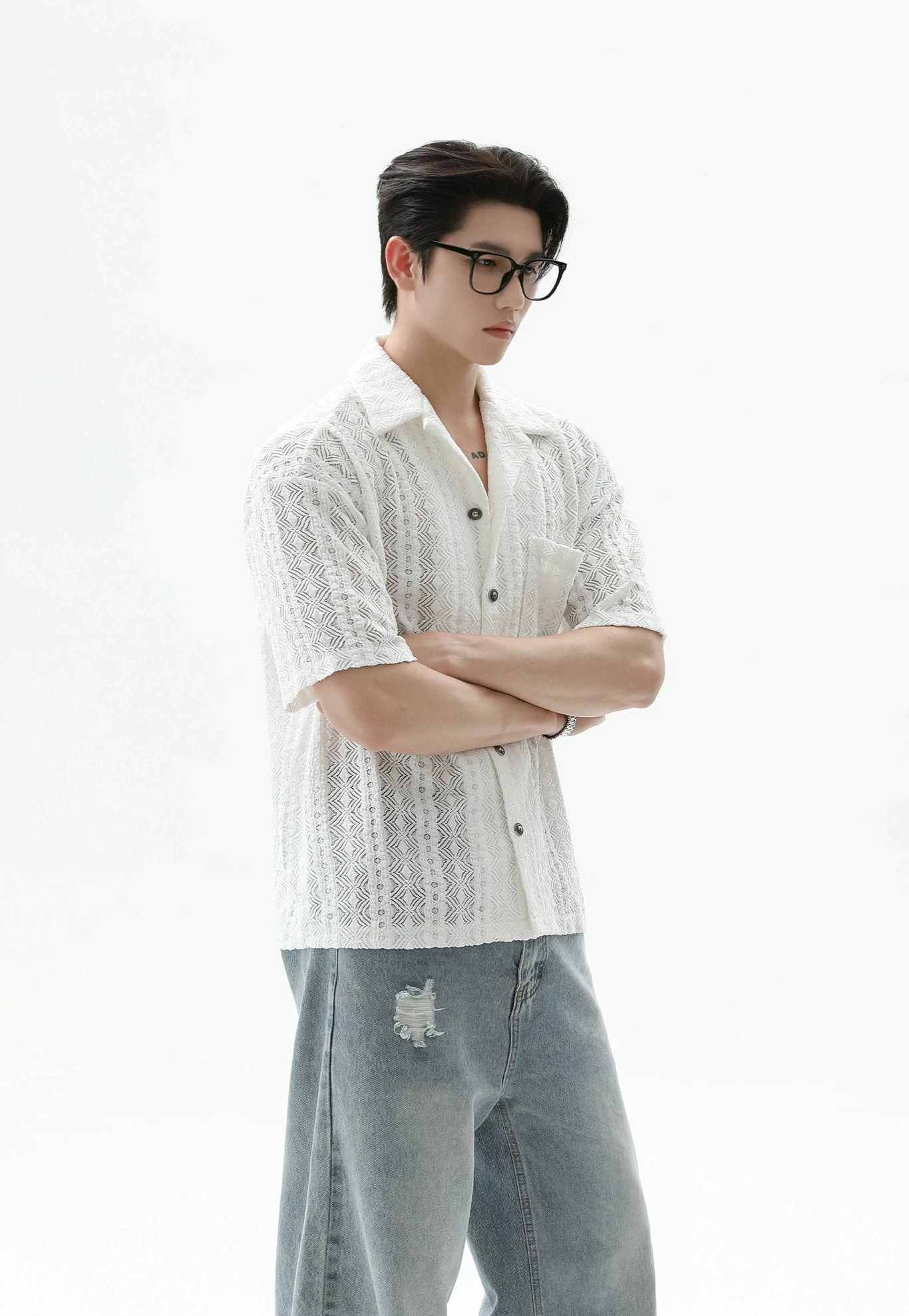 Button-Up Sheer Lace Shirt With Geometric Pattern 3 Button-Up Sheer Lace Shirt With Geometric Pattern - Image 3