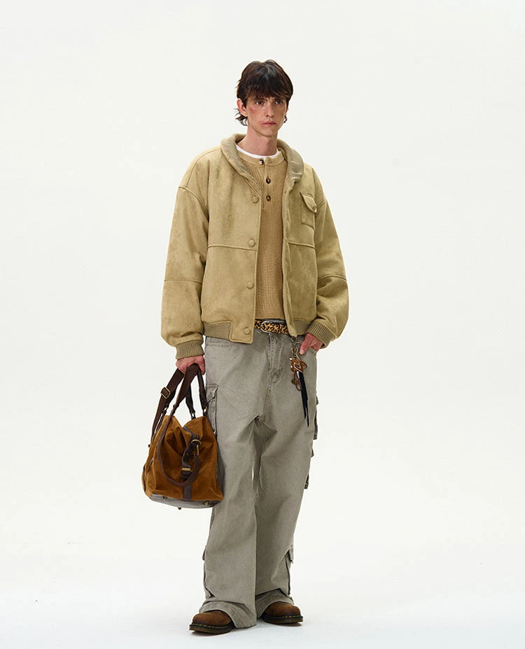 Oversized Suede Bomber Jacket With Button Pocket 15 Oversized Suede Bomber Jacket With Button Pocket - Image 15