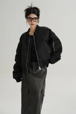 Oversized Mid-Crop Bomber Jacket With Sleeve Zip Pocket -Modern Wear Shop da38903c265213c71ef14dbe06f55c34