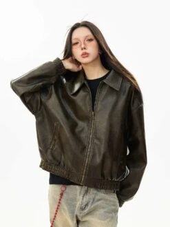Faux Leather Bomber Jacket With Elastic Cuffs And Hem -Modern Wear Shop dabb7d1b362846769867797d0eae544e