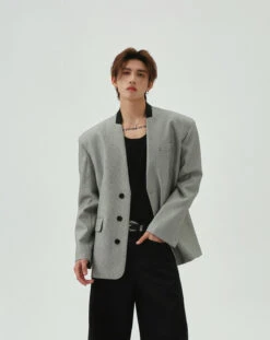 Oversized Houndstooth Pattern Single Breasted Blazer