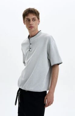 Contrast Stitch Trim Henley Neck Short Sleeve Top -Modern Wear Shop dadb2996f148ca5250d3a1b3f15417bf