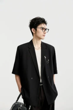 Single Breasted Short Sleeve Blazer With Chain Brooch Detail -Modern Wear Shop dae291d614845276a06e7e3ac19b54f4