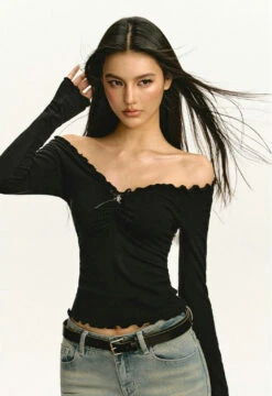 Scalloped Neckline Ribbed Long Sleeve Top -Modern Wear Shop db016cc843a23d471b2810d91b92e7c6