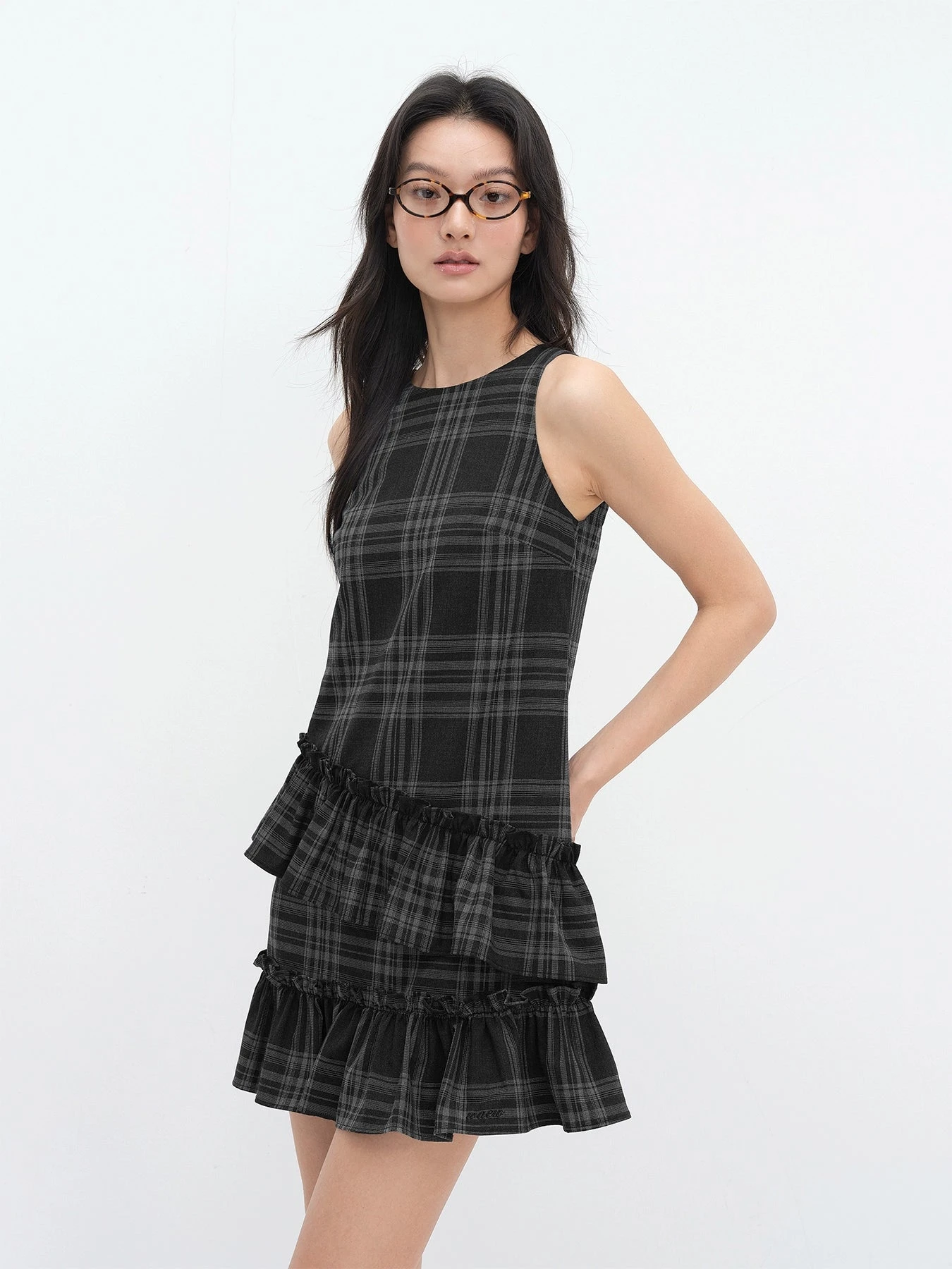 Sleeveless Plaid Asymmetric Tiered Ruffle Mini Dress 2 Sleeveless Plaid Asymmetric Tiered Ruffle Mini Dress - Image 2