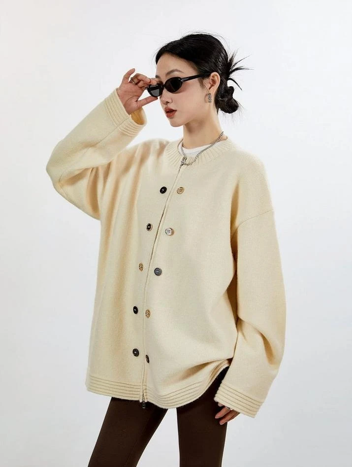 Ribbed Trim Zip-up Cardigan With Button Details 1 Ribbed Trim Zip-up Cardigan With Button Details