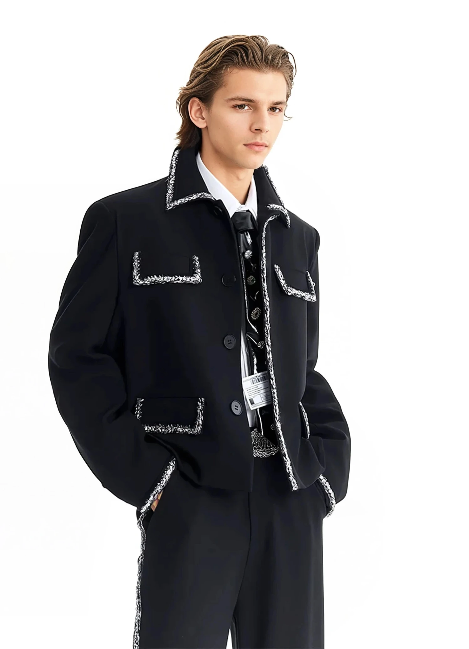 Boxy Cropped Blazer Jacket With Contrast Tweed Trim 7 Boxy Cropped Blazer Jacket With Contrast Tweed Trim - Image 7