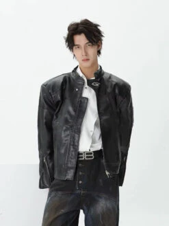 Sand-Effect Boxy Faux Leather Jacket With Zippered Cuffs -Modern Wear Shop dcb5ffec983d421fb9d8809167351852