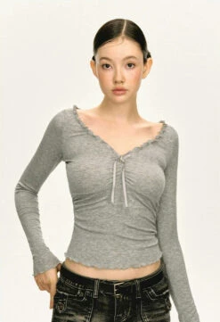 Scalloped Neckline Ribbed Long Sleeve Top -Modern Wear Shop dcbf2998d3744d193722adfd9207177b