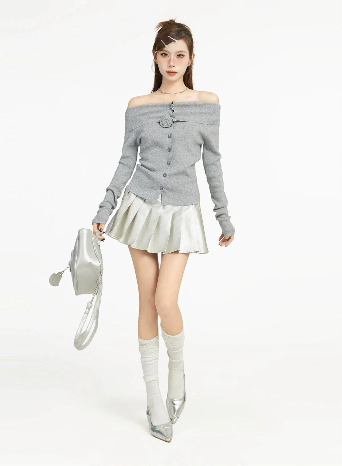 Off Shoulder Long Sleeve Button Top With Flower Applique 11 Off Shoulder Long Sleeve Button Top With Flower Applique - Image 11