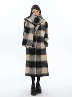 Oversized Fuzzy Checkered Overcoat With Scarf Detail
