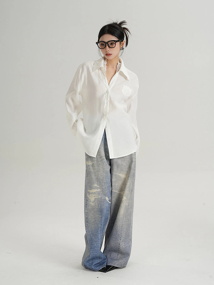 Lace Trim Button-Up Long Sleeve Blouse With Pocket 3 Lace Trim Button-Up Long Sleeve Blouse With Pocket - Image 3