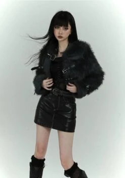 Faux Fur Cropped Coat With Leather Straps -Modern Wear Shop ddae2ebedf3dd361baf191c601cd3f7e
