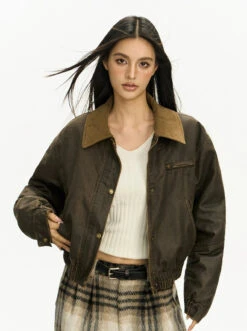 Contrast Corduroy Collar Faux Leather Zip Jacket 6 Contrast Corduroy Collar Faux Leather Zip Jacket -Modern Wear Shop ddd335d2248a6468c175751f45305f18