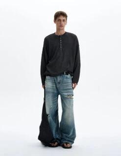 Textured Long Sleeve Sheer Henley Top With Button Detail -Modern Wear Shop ddde82215ccf37c826988951621e01e1