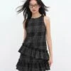Sleeveless Plaid Asymmetric Tiered Ruffle Mini Dress