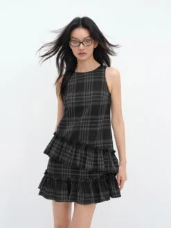 Sleeveless Plaid Asymmetric Tiered Ruffle Mini Dress