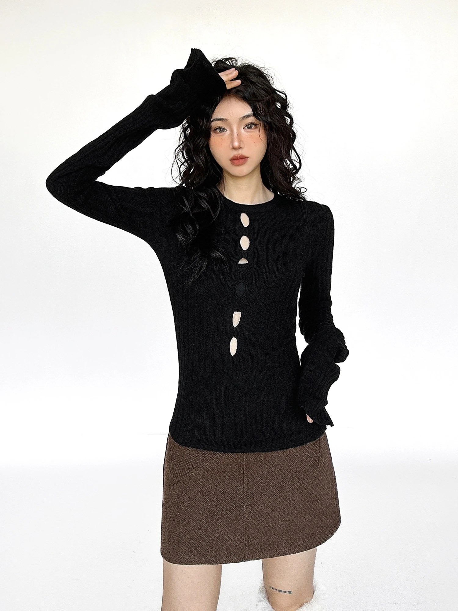 Flare Long Sleeve Ribbed Knit Top With Cutouts 5 Flare Long Sleeve Ribbed Knit Top With Cutouts - Image 5