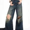 Distressed Wide-Leg Denim Jeans With Raw Hems