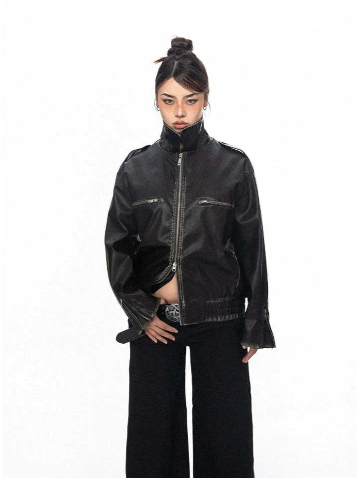 Vintage Faux Leather Stitch-Detail Jacket With Front Zip Pockets 2 Vintage Faux Leather Stitch-Detail Jacket With Front Zip Pockets - Image 2