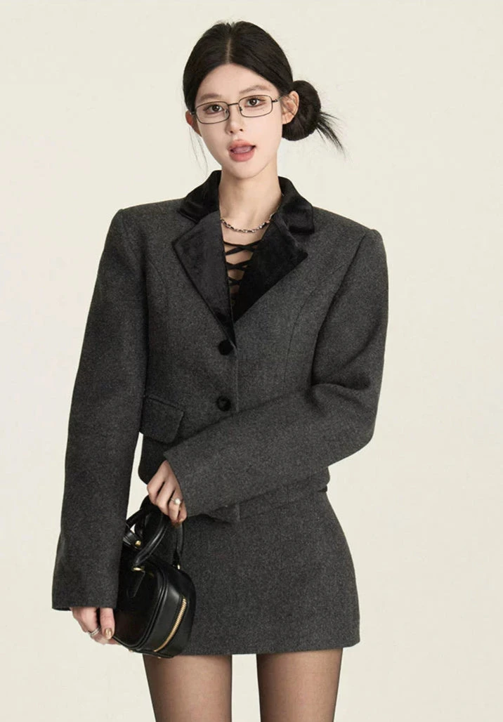 Structured Blazer With Contrast Velvet Lapel And Button Front 3 Structured Blazer With Contrast Velvet Lapel And Button Front - Image 3