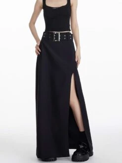 High Slit Maxi Skirt With Belt