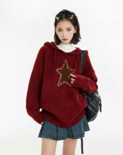 Oversized Star Patchwork Knit Hoodie Sweater -Modern Wear Shop df8059edf9c6e5ef4d33c2a8eca093a3